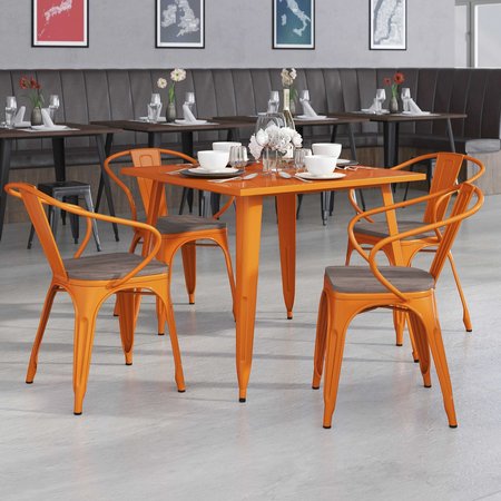 FLASH FURNITURE Orange Metal Chair with Wood Seat and Arms 4-CH-31270-OR-WD-GG